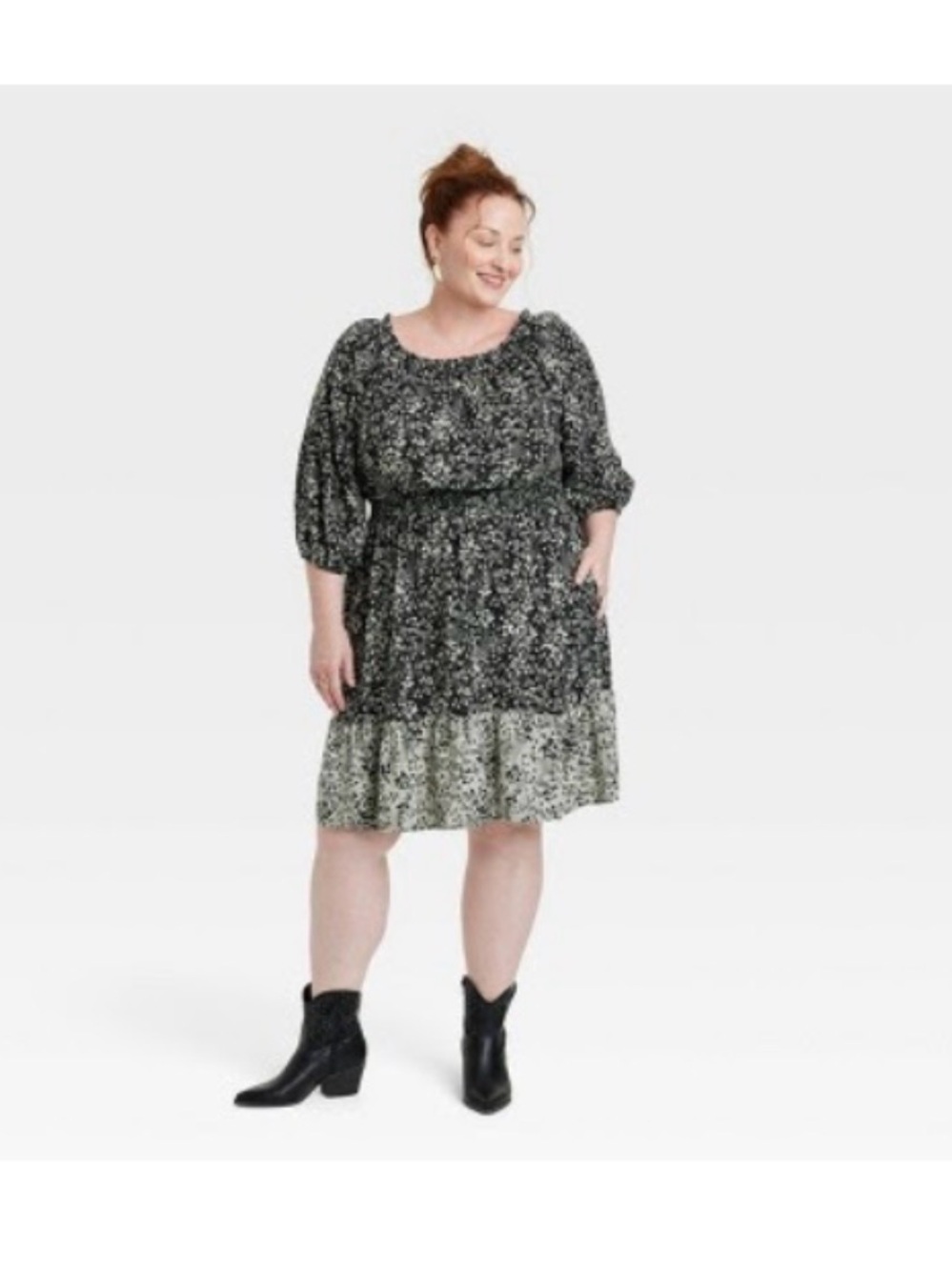Knox Rose - 1X with Pockets. Black Floral Dress with Smocked Waist